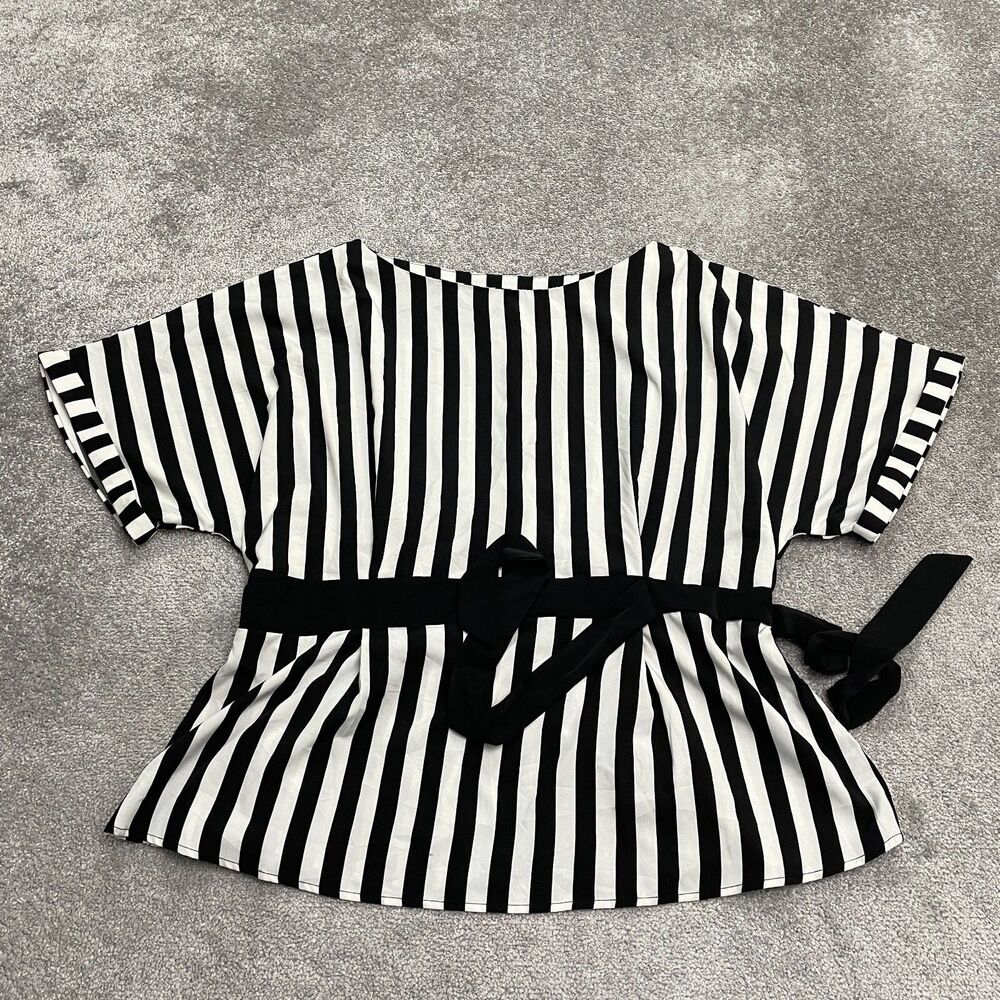Shein Curve Tunic Blouse Womens 4XL Black White Stripe Belted Dolman Casual Work